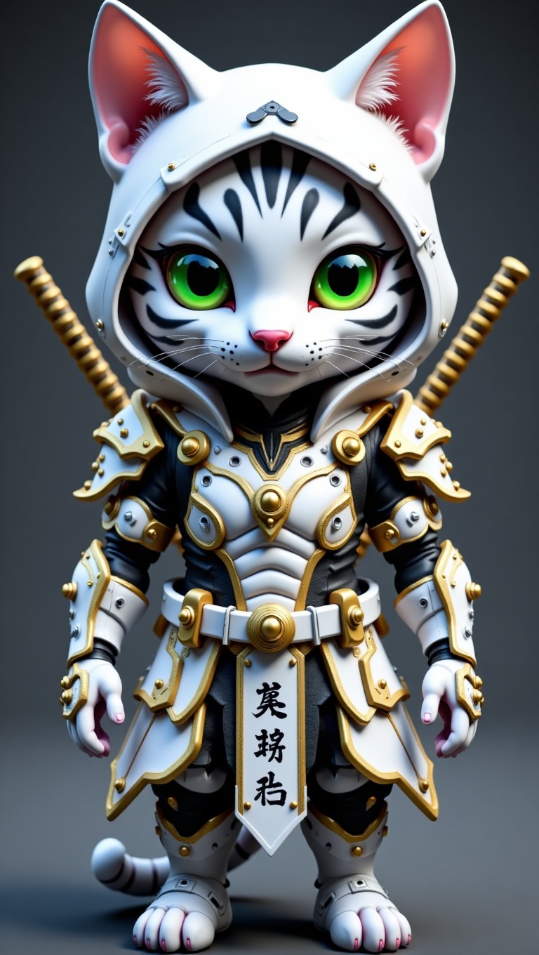 This is a highly detailed,  AI-generated image of a cute,  anthropomorphic white cat dressed in an intricate suit of armor...