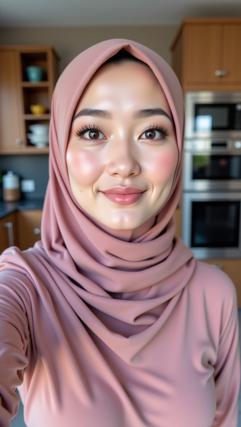 This is an AI-generated image of a young Muslim woman,  likely of Southeast Asian or Middle Eastern descent,  taking a sel...