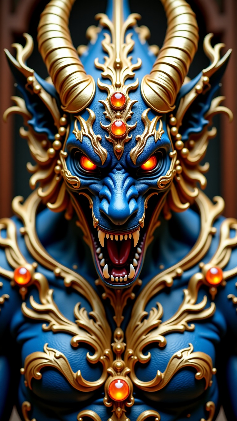 A hyperrealistic close-up bust shot of a fearsome yet majestic mythological creature. The being has deep blue skin,  ornat...