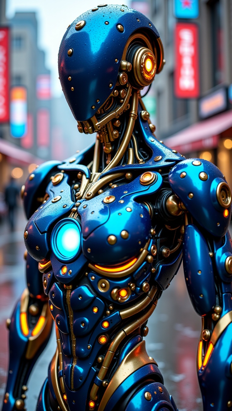 A close-up,  half-body shot of a highly detailed,  biomechanical humanoid robot. The robot is a vibrant on Tensor.Art