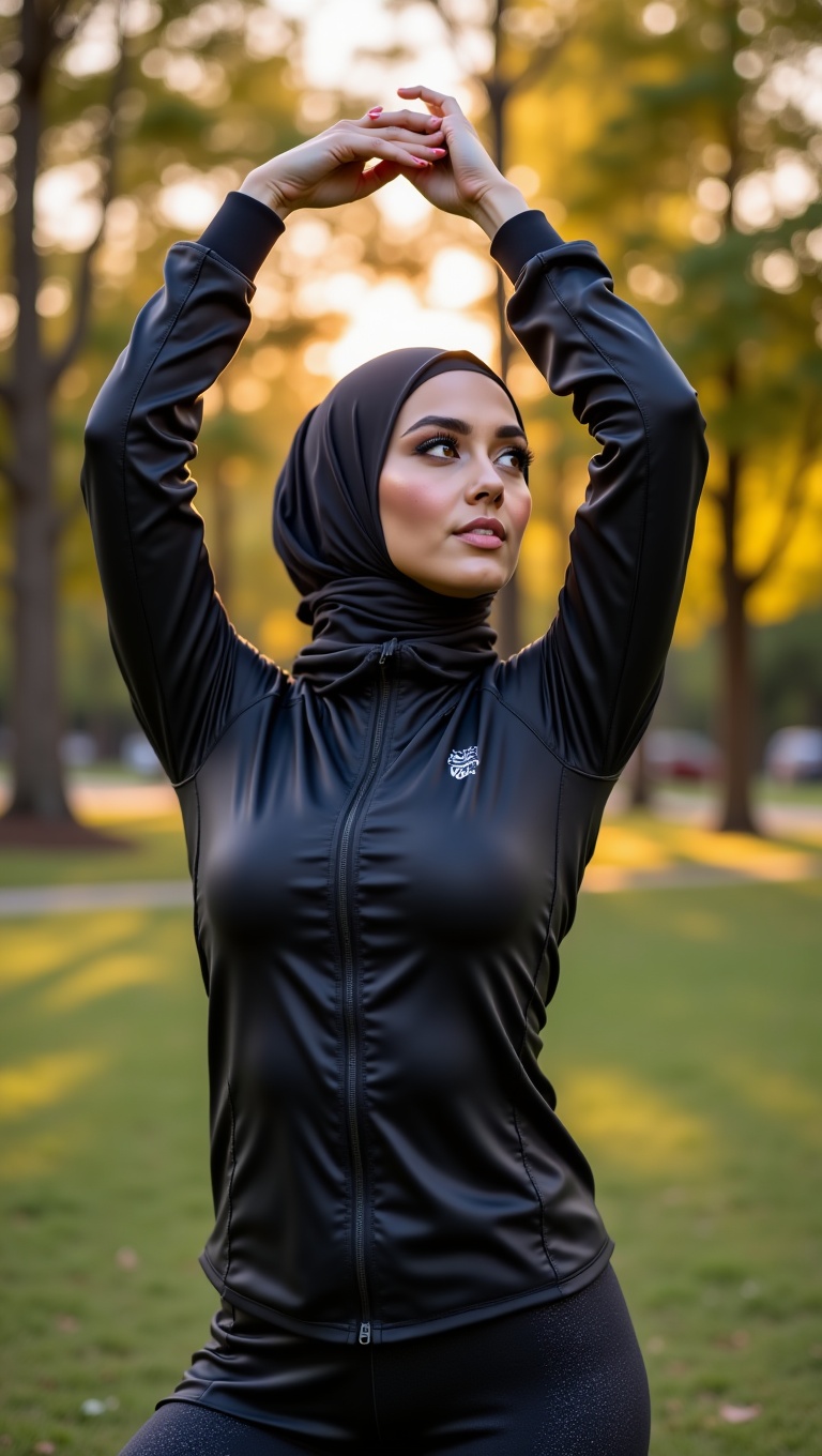 photorealistic hijab athlete stretching arms before workout,  sports hijab and tracksuit,  outdoor park background on Tens...