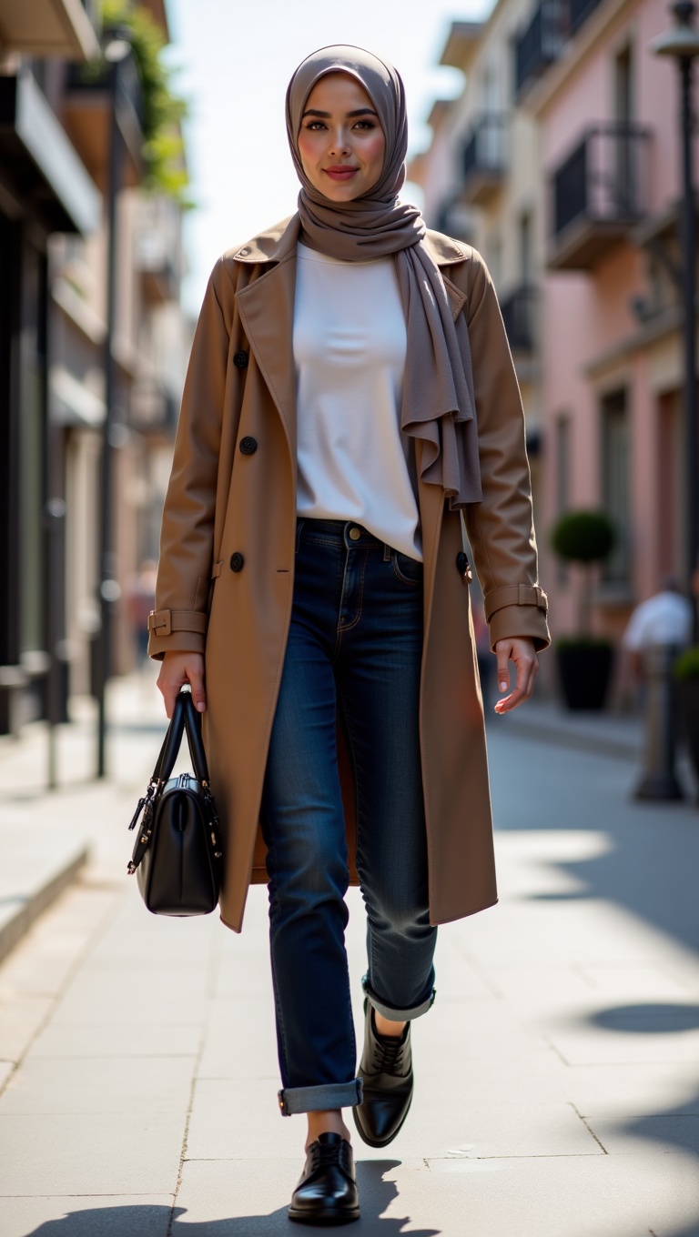 realistic hijab woman walking confidently down the street,  casual modern outfit,  urban background on Tensor.Art