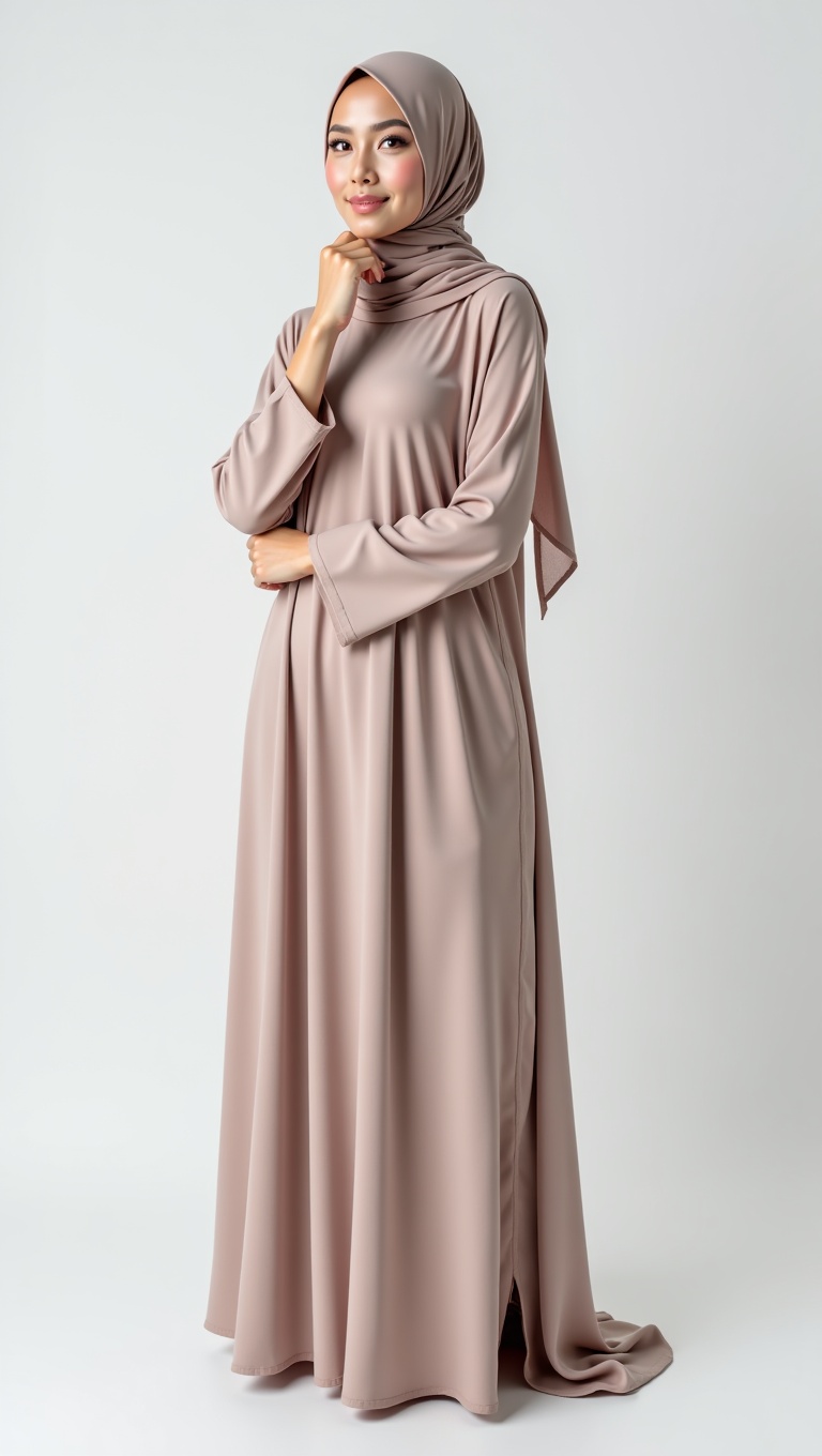 photorealistic hijab woman in neutral-toned abaya,  posing in studio with softbox lighting,  standing with one hand gently...