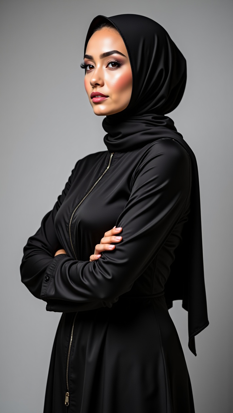 realistic hijab woman in fashion hijab,  multiple poses in studio,  arms crossed on Tensor.Art