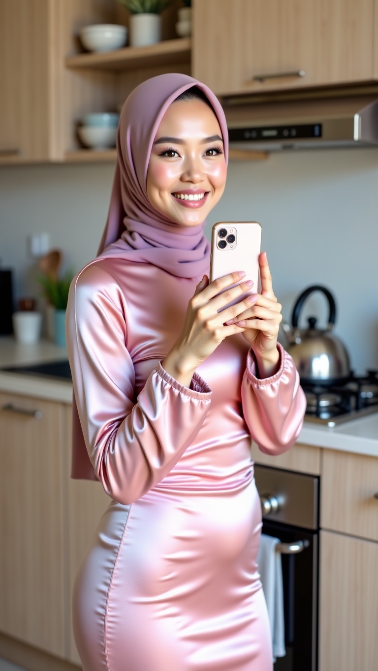 A young woman,  radiating a gentle charm,  is depicted in a full-length portrait as she takes a selfie with her phone. She...