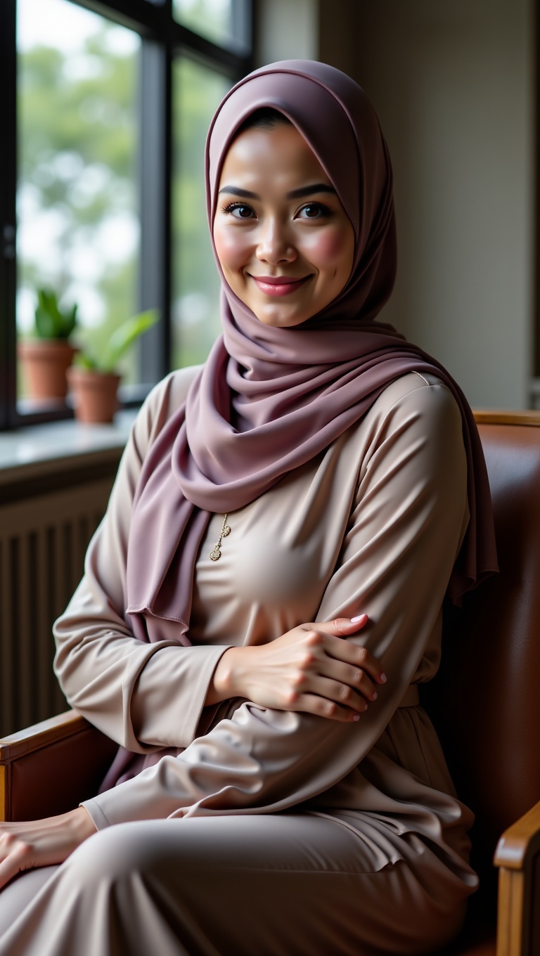 photorealistic hijab woman sitting on a chair,  one leg crossed over the other,  hands resting on lap on Tensor.Art