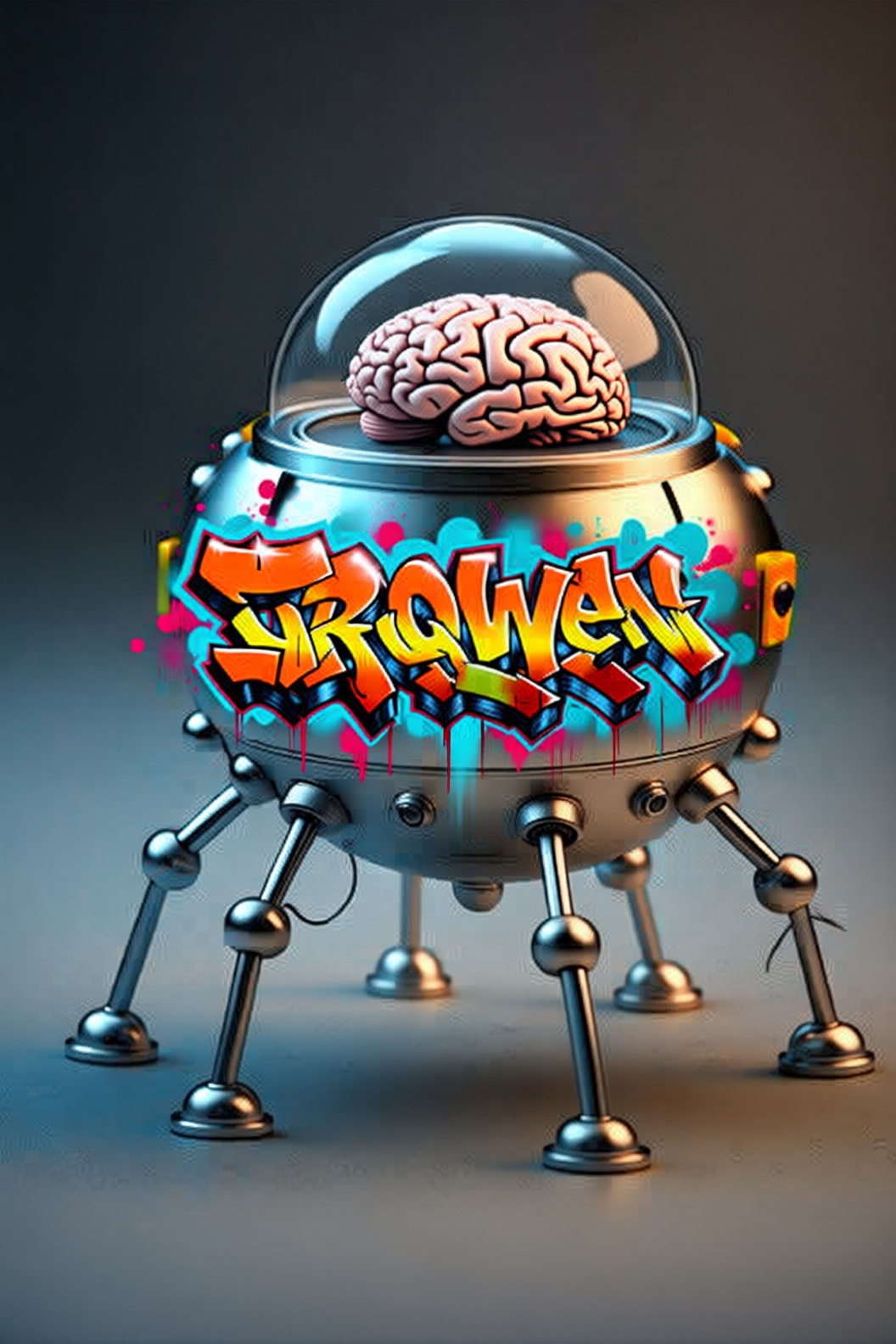 a small metal nanobot with metal sticks for legs,  and a brain encased in a glass dome on the top of it ,  graffitiqwen on...