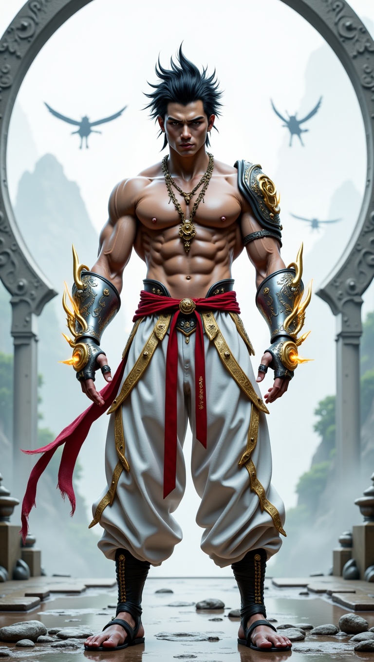 A muscular warrior standing confidently in an ancient sci-fi arena with floating stone arcs and misty mountains in the bac...