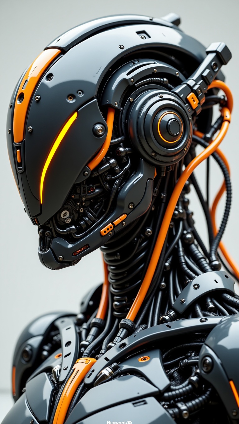 A highly detailed,  photorealistic close-up bust shot of a futuristic robot. The robot is a complex assembly of black,  gr...
