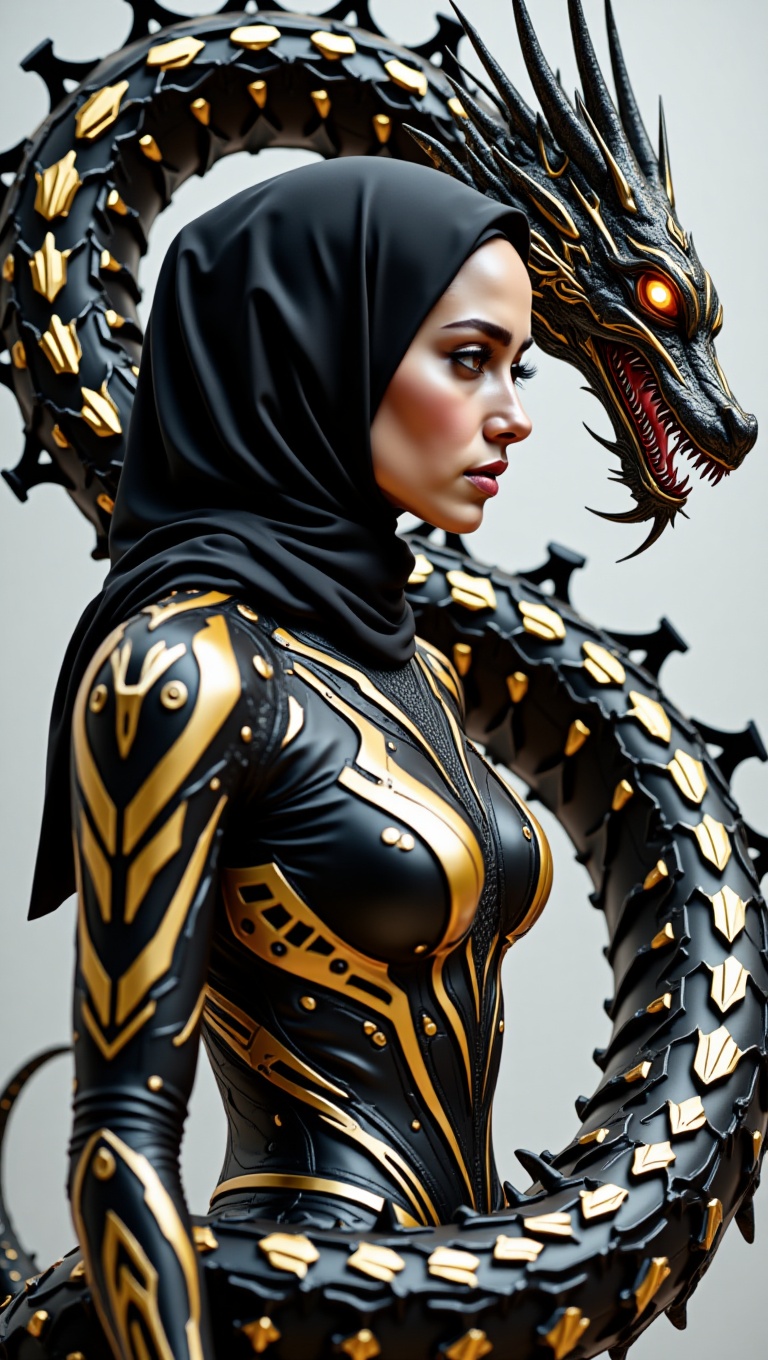 A create an ultra-high-definition,  realistic image that captures a woman with fully hijab wearing a futuristic metallic s...