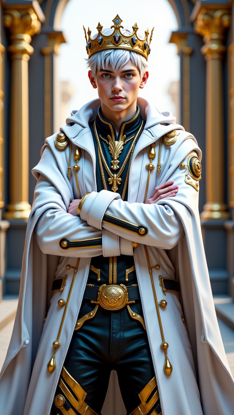 close up of a young man with white hair and blue eyes wearing a king's crown,  a white jacket,  a futuristic robe on Tenso...