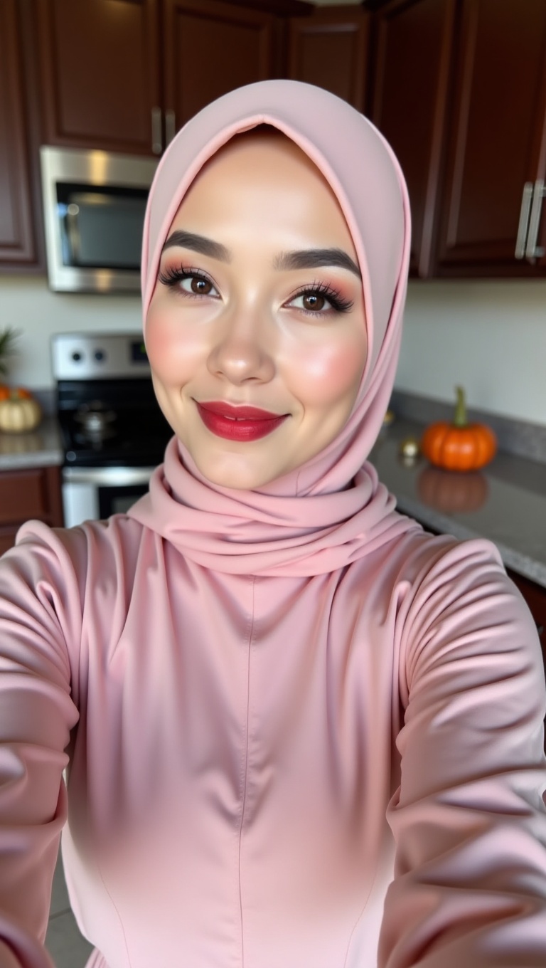 A young woman,  a portrait of grace,  captures a selfie in a warm on Tensor.Art