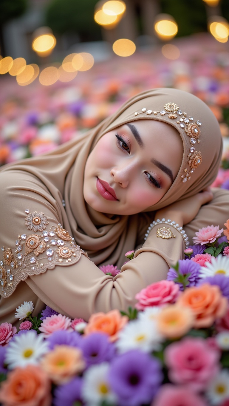 A woman with a serene and graceful expression lounges on a colorful bed of flowers under soft,  glowing lights. She wears...