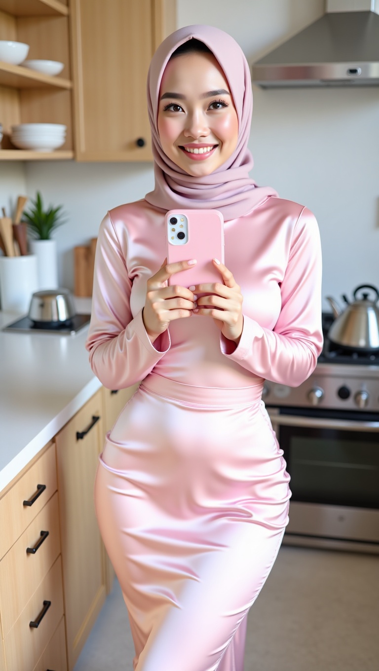 A young woman,  radiating a gentle charm,  is depicted in a full-length portrait as she takes a selfie with her phone. She...