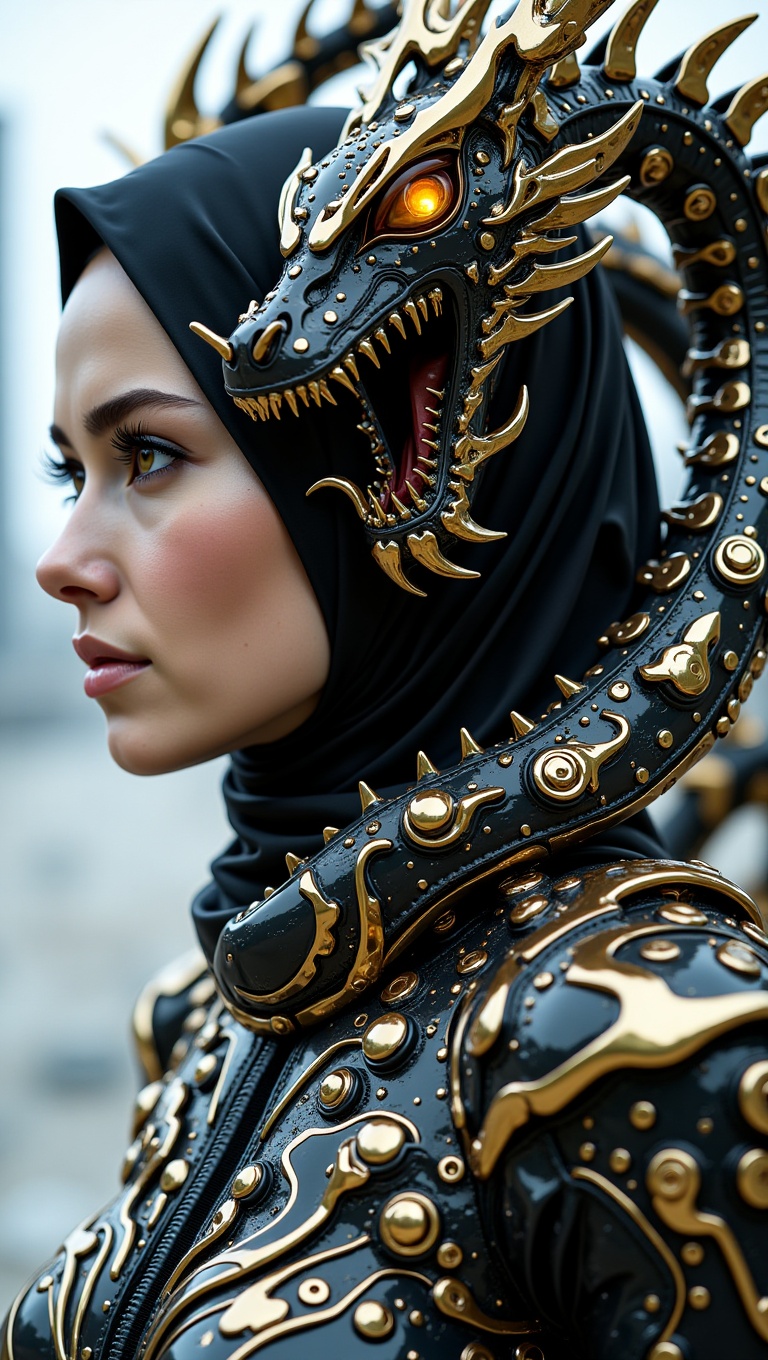 A create an ultra-high-definition,  realistic image that captures a woman with fully hijab wearing a futuristic metallic s...
