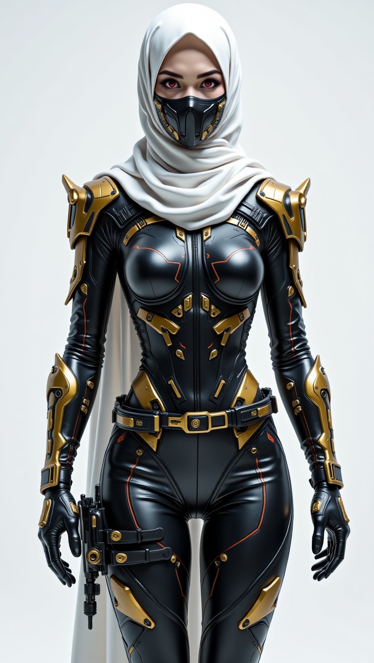 A futuristic,  stealthy female warrior stands poised in a sleek,  high-tech bodysuit of black with gold and orange accents...