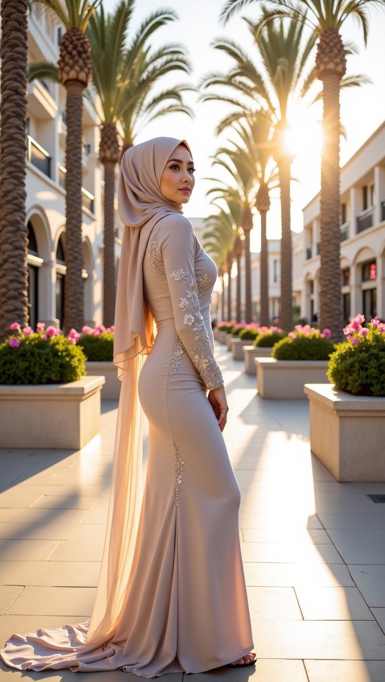 A striking full-length portrait of a young woman captures her from the side as she stands on a sunlit stone walkway. She i...
