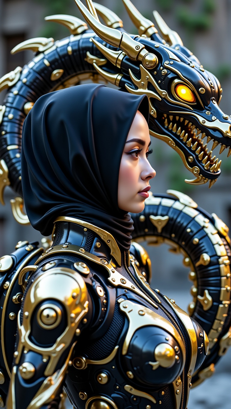 A create an ultra-high-definition,  realistic image that captures a woman with fully hijab wearing a futuristic metallic s...
