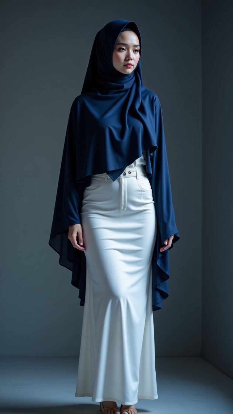 A full body shot of a pretty Malay woman's face,  wearing a navy blue hijab and white bodycon abaya. wearing high heel.The...