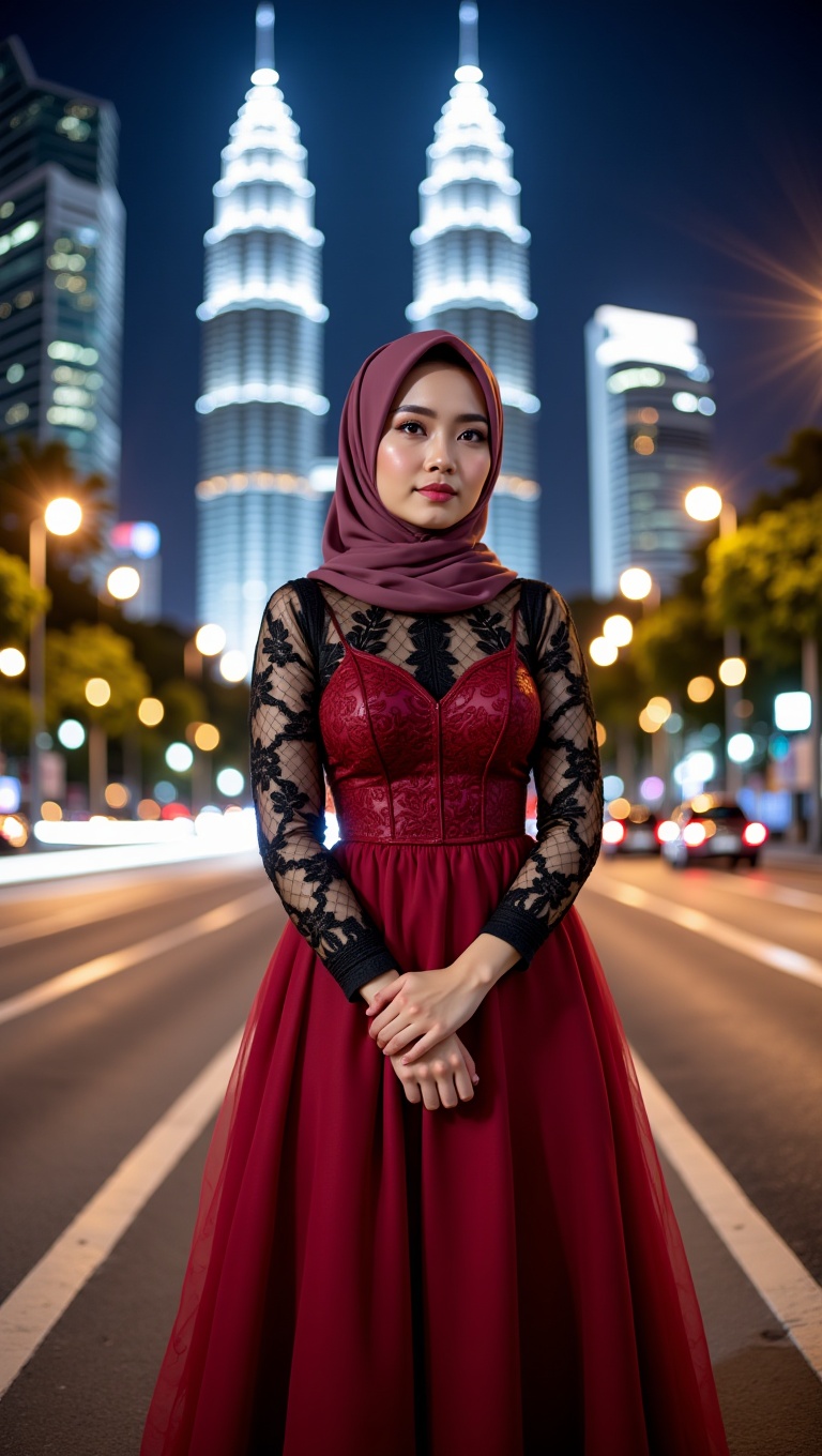 A young woman with a confident yet contemplative expression stands on a vibrant city street at night,  framed by the dazzl...