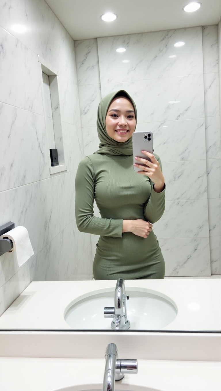 A young woman stands in a modern,  minimalistic public restroom,  taking a mirror selfie with her phone in her right hand....