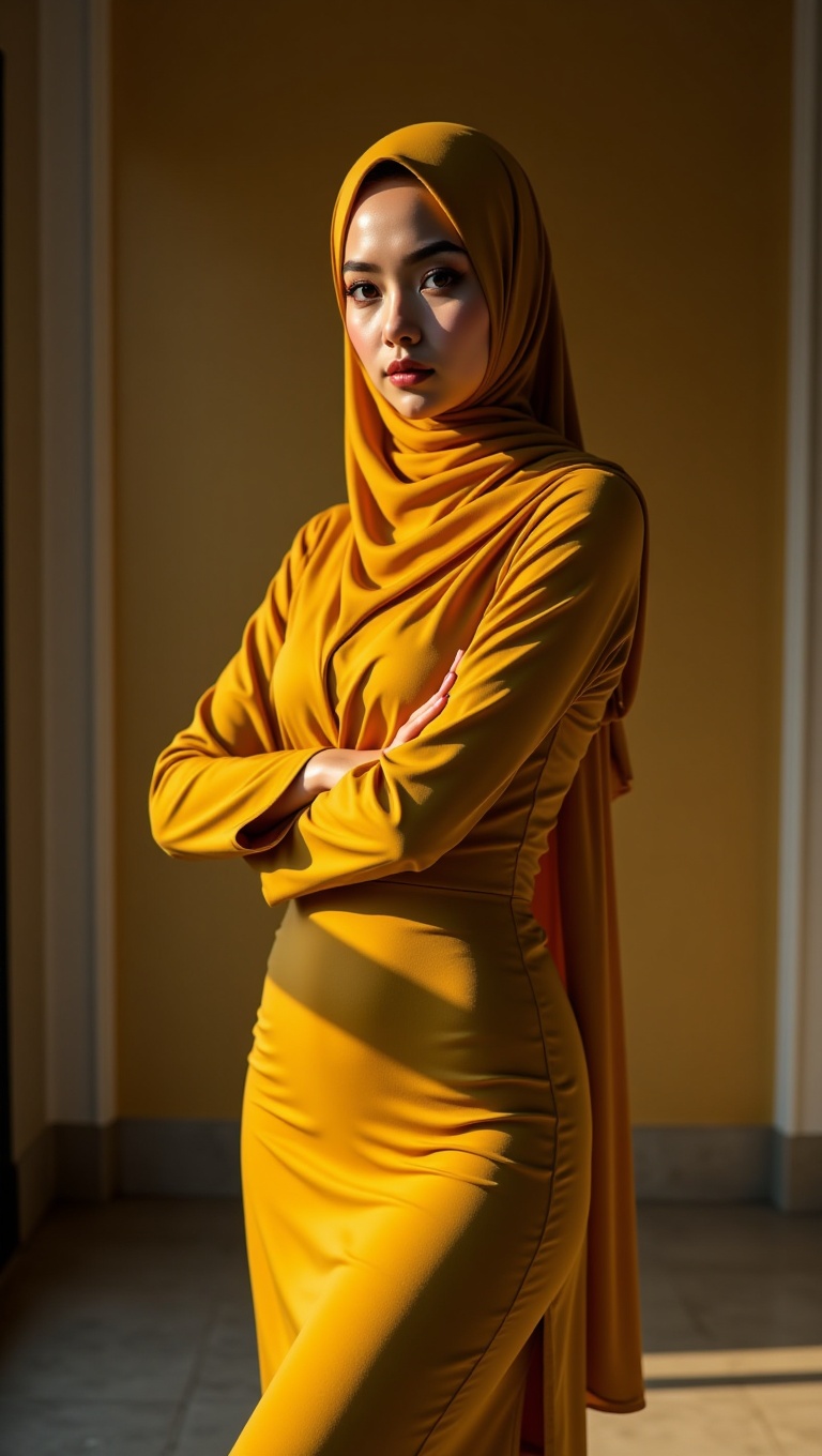 A full body shot of a pretty Malay woman's face,  wearing a mustard hijab and mustard bodycon abaya. wearing high heel'.Th...