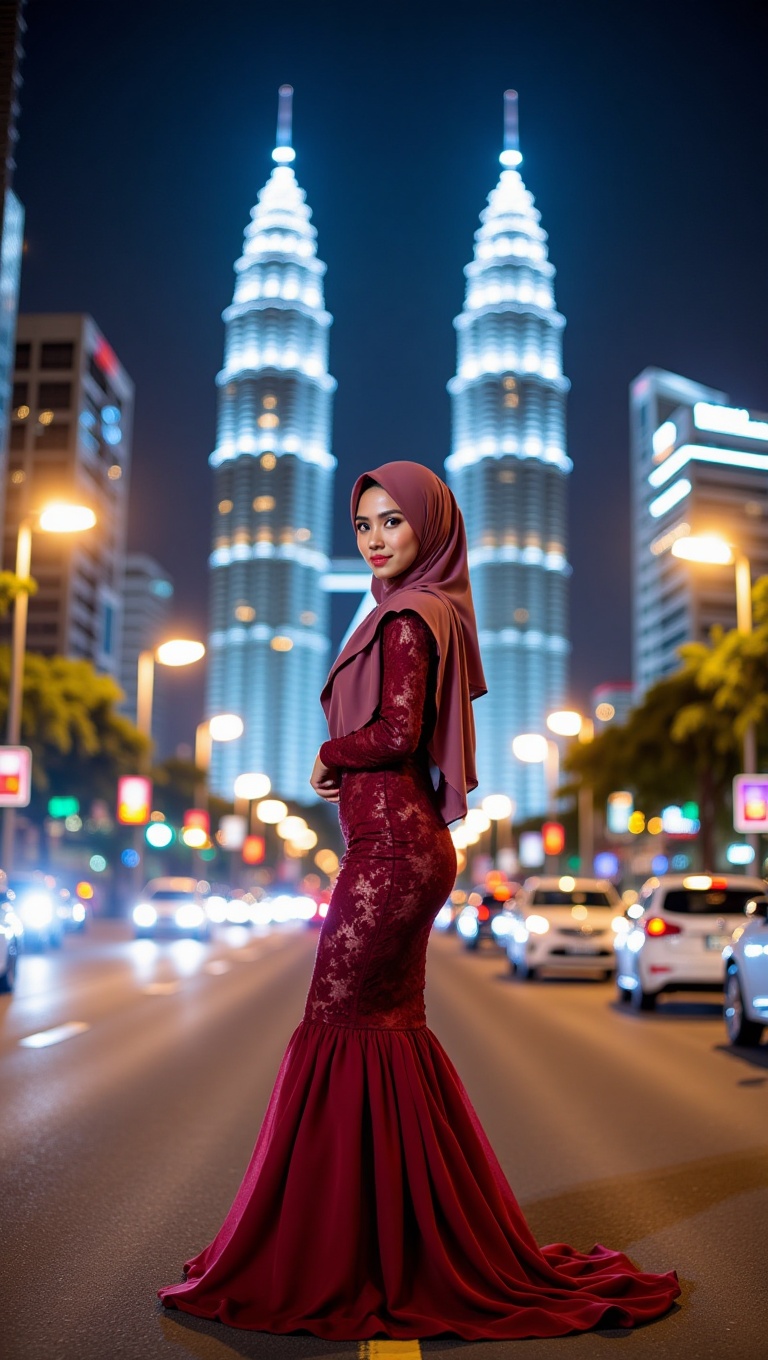 A young woman with a confident yet contemplative expression stands on a vibrant city street at night,  framed by the dazzl...