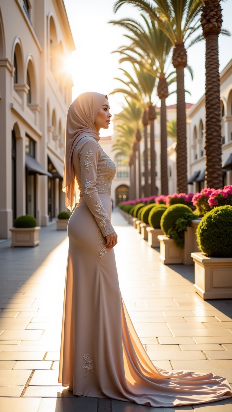 A striking full-length portrait of a young woman captures her from the side as she stands on a sunlit stone walkway. She i...