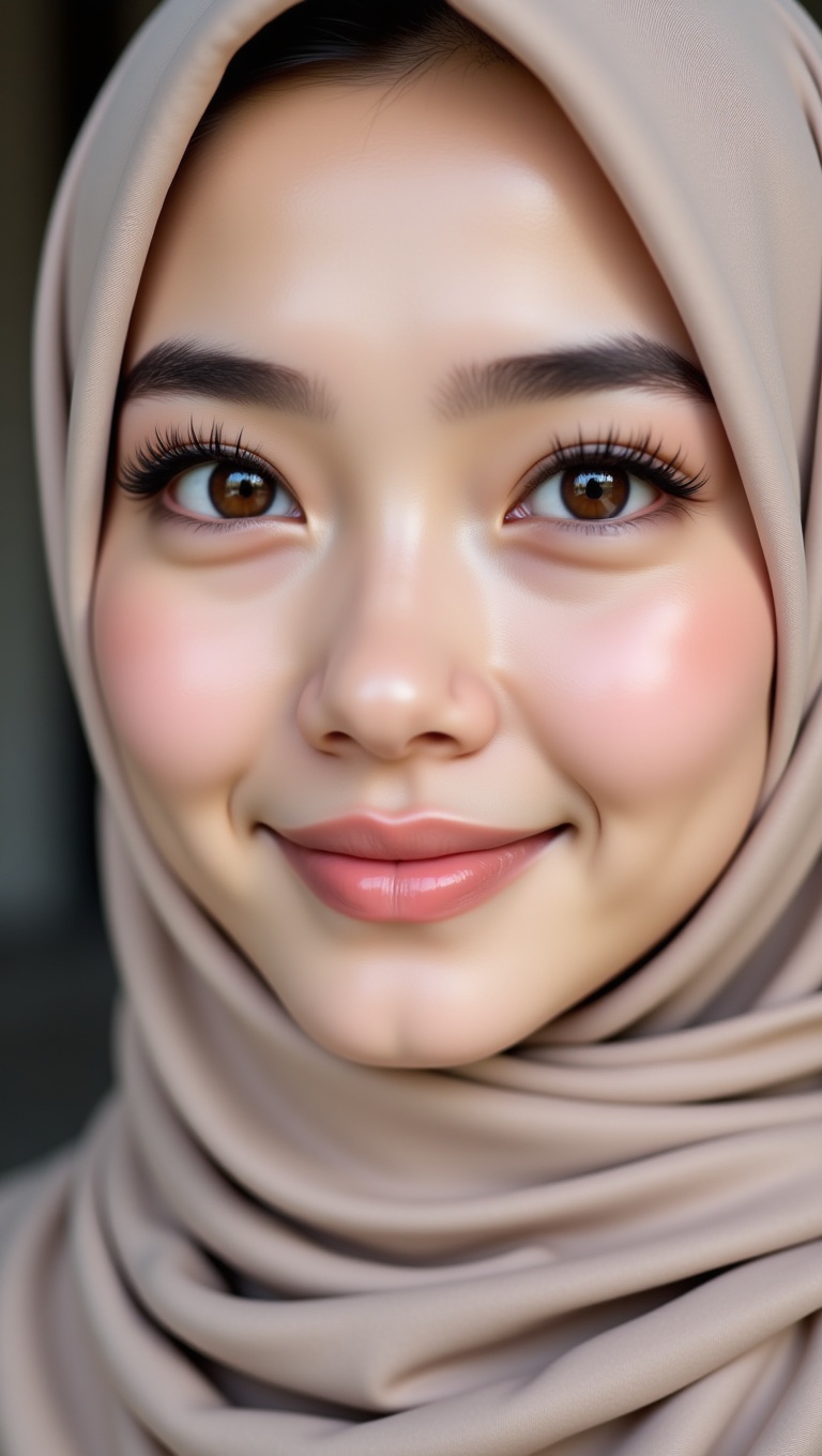 A close-up shot of a young woman's face,  gazing directly at the viewer with a warm and inviting smile. Her brown eyes spa...