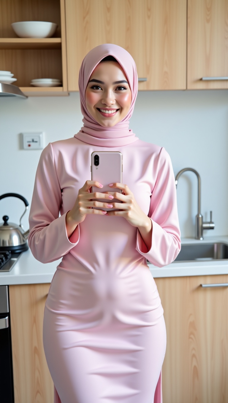 A young woman,  radiating a gentle charm,  is depicted in a full-length portrait as she takes a selfie with her phone. She...