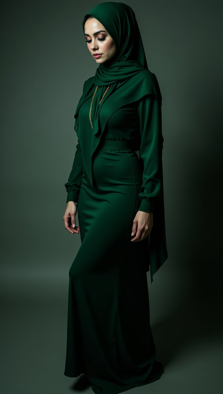 A full body shot of a pretty Malay woman's face,  wearing a green hijab and dark green bodycon abaya. wearing high heel.Th...