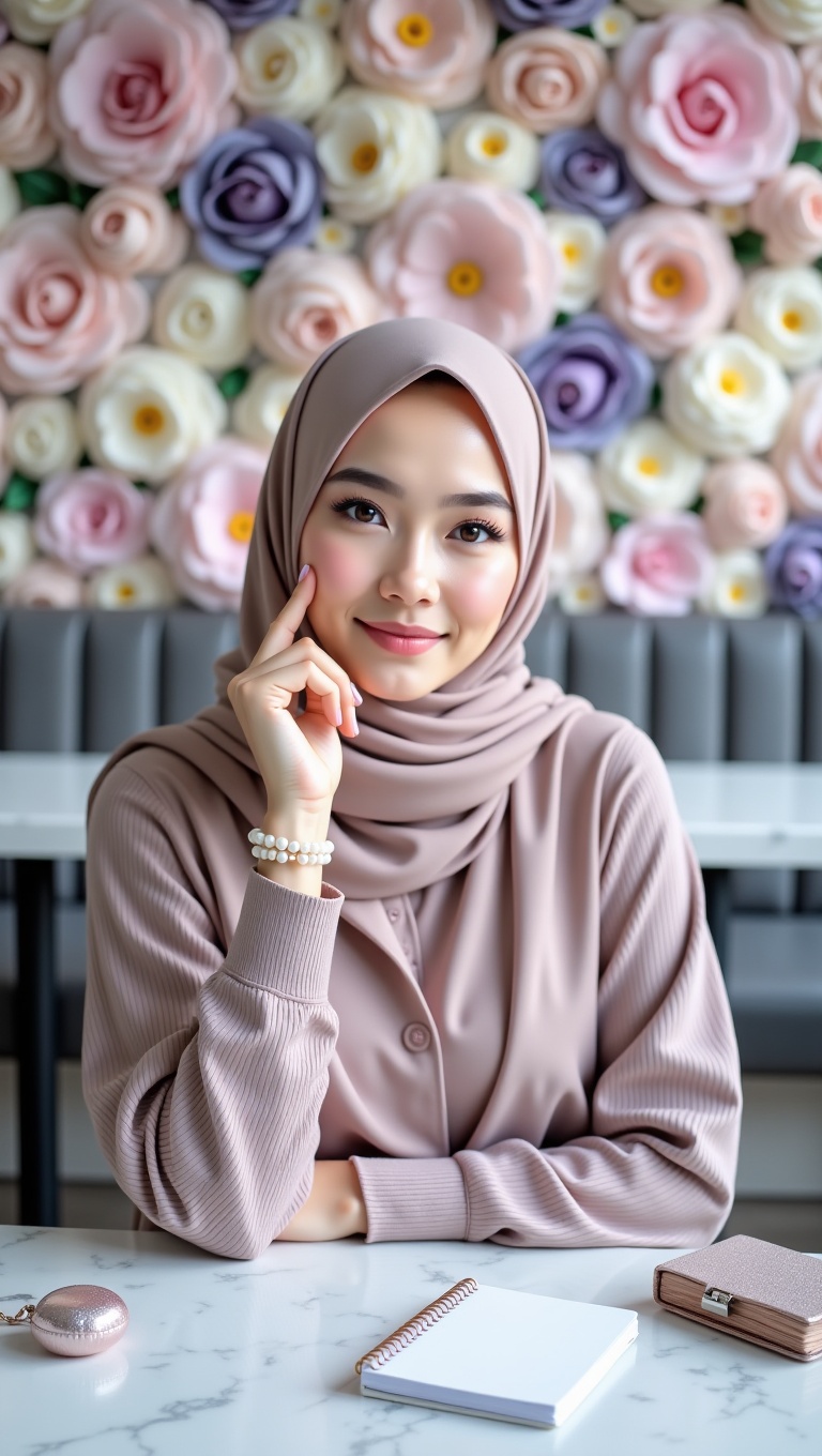 A stunning young woman wearing a beige hijab and a ribbed mauve dress sits gracefully in a modern café,  exuding elegance...