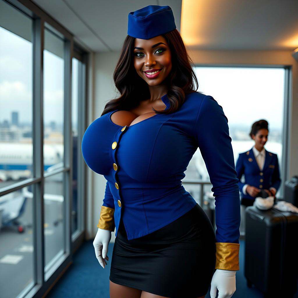 Dark royal blue flight stewardess+++ outfit+++++ trimmed+++ in gold. Sexually+++ smiling+++ and posed as she looks directl...