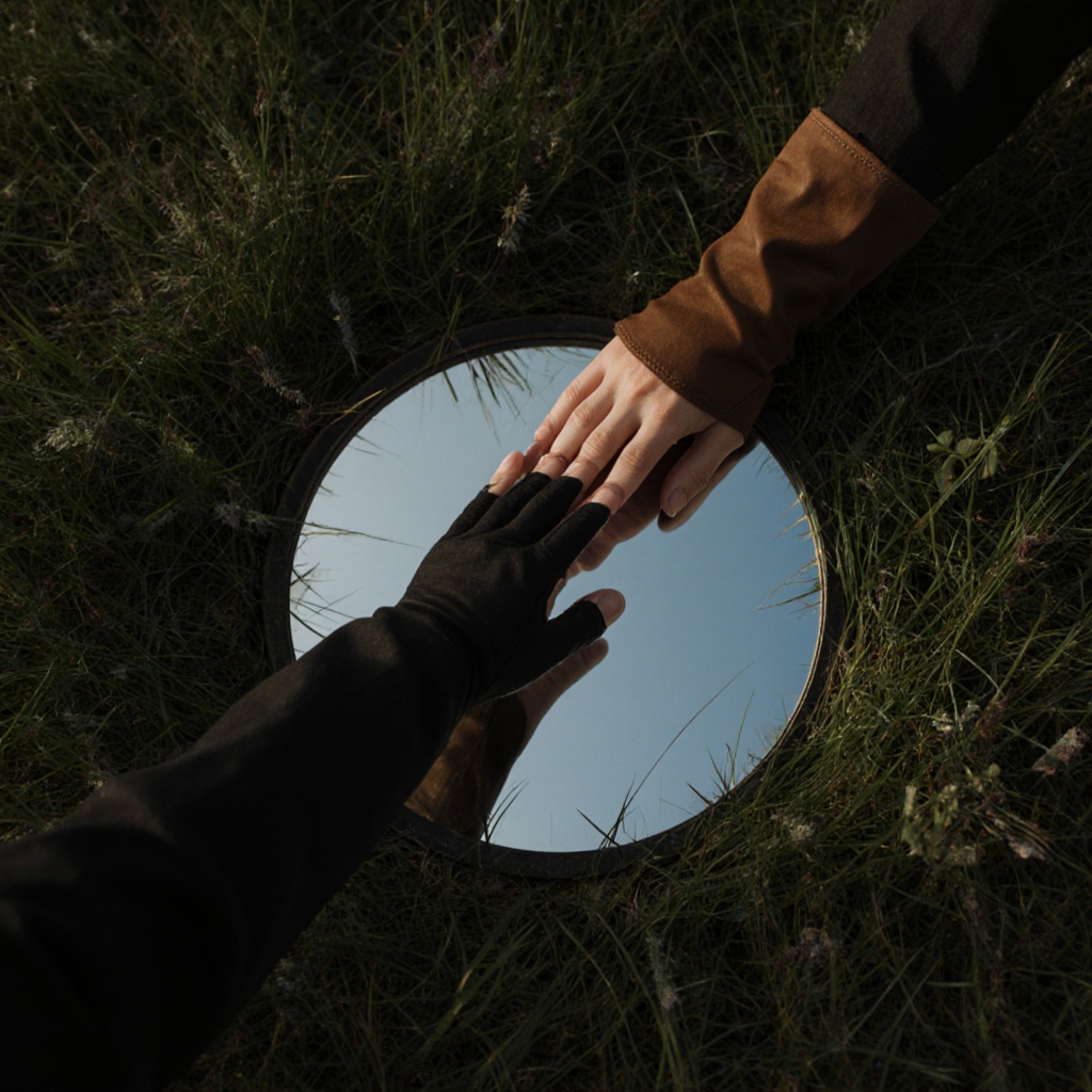 cinematic film still of from above,  cinematic image of a person reaching for another hand in front of a mirror in the gra...
