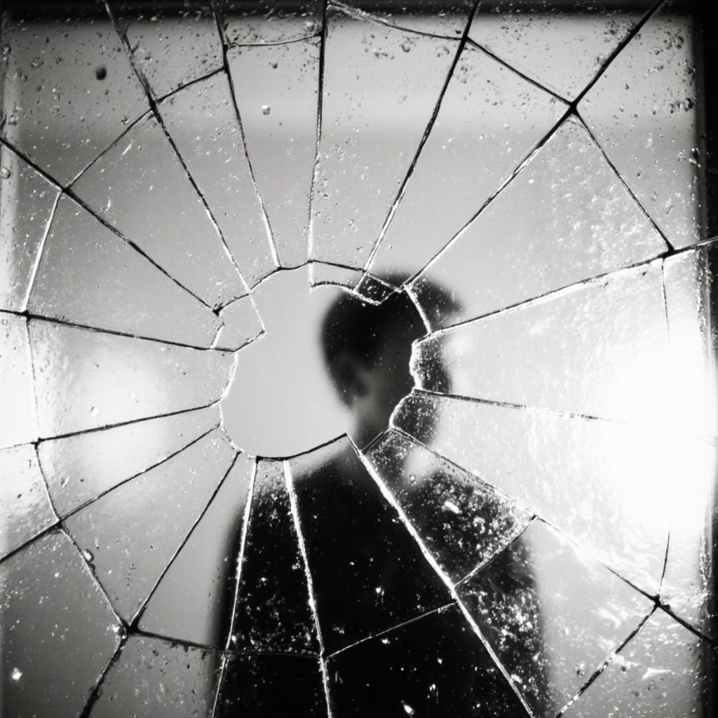Surrealist art cinematic image of a broken glass window with a blur reflection of a person looking through it,  perfect im...