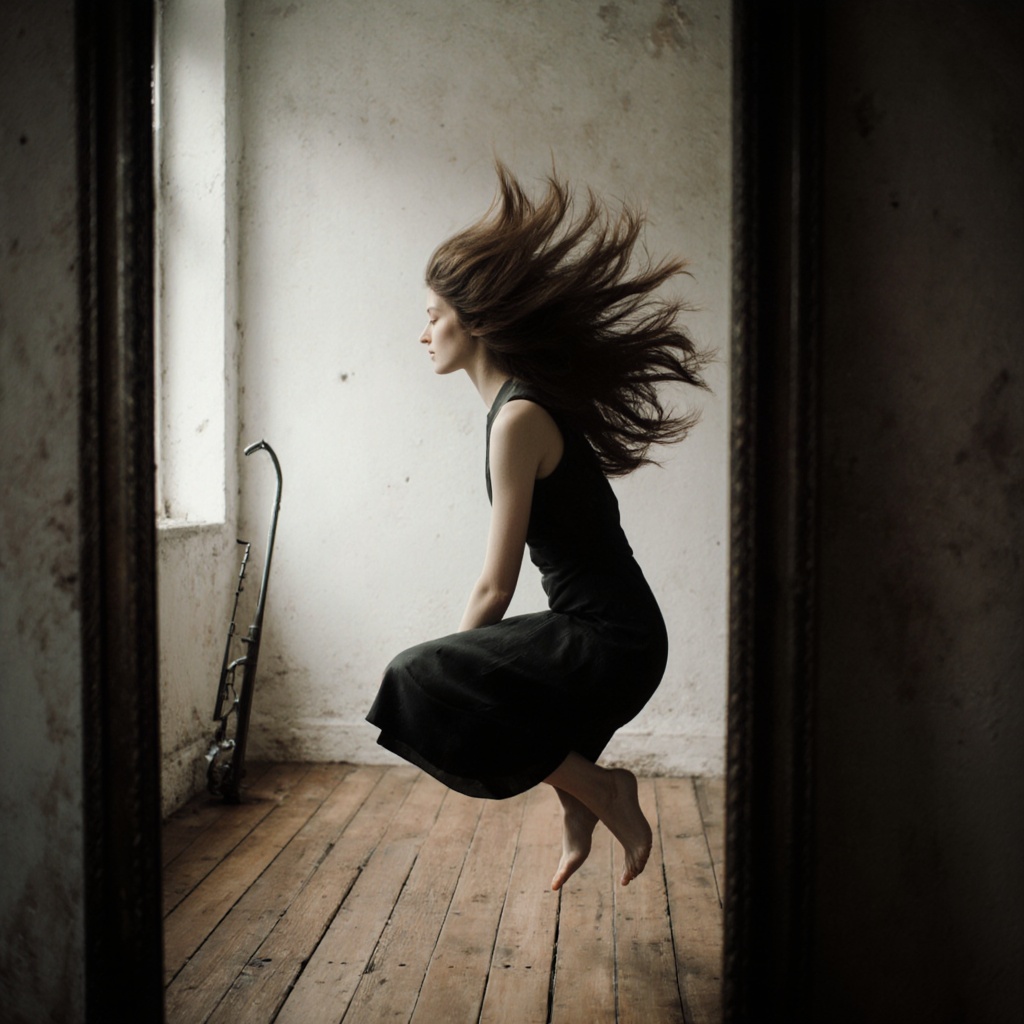 Surrealist art cinematic image of a side view of a blown hair woman is jumping out of a mirror inside a room with wooden f...