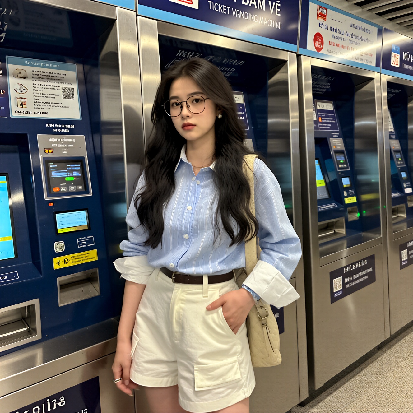 A young woman is standing in front of a row of metallic ticket vending machines inside a subway or metro station. The mach...