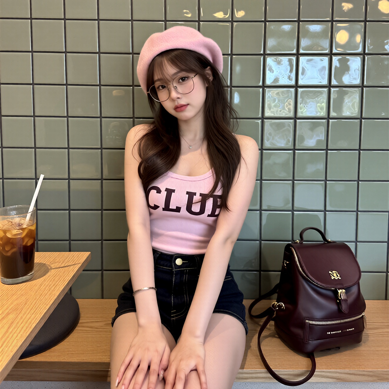 A young woman is seated on a wooden bench in a modern indoor setting with a tiled wall behind her composed of large square...