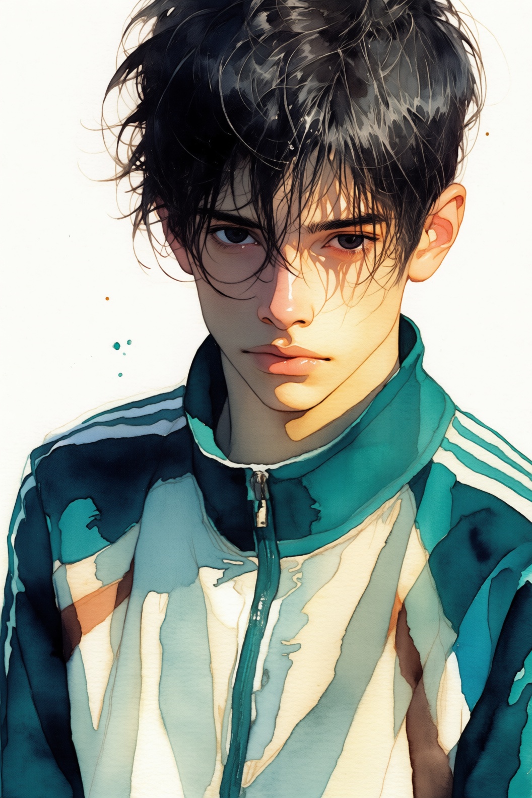 A close-up shot of a boy with short,  black hair and messy strands framing his face. He has black eyes and wears a track j...