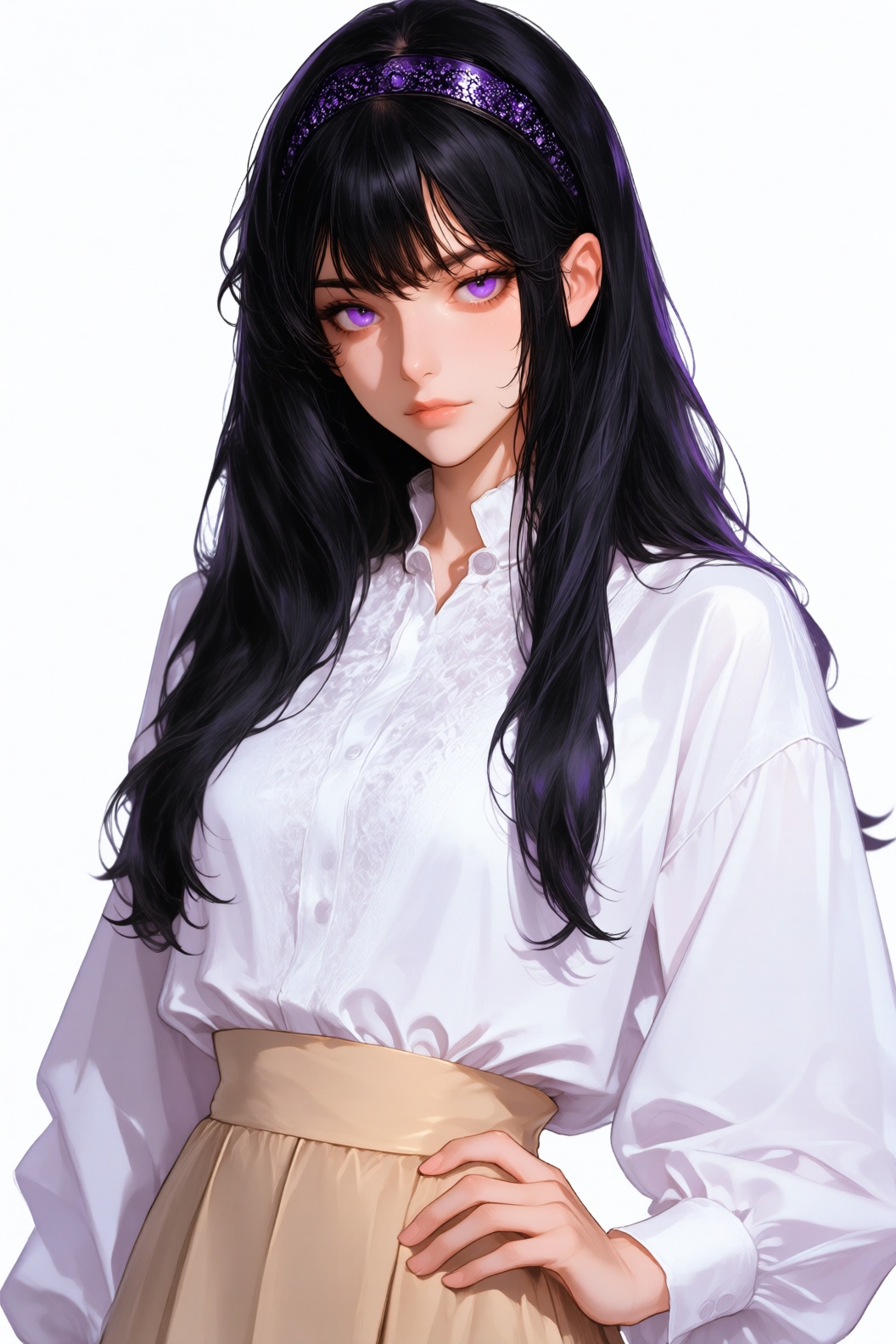 A young girl with long black hair and purple eyes. she is wearing a white blouse with a ruffled collar and a beige skirt....