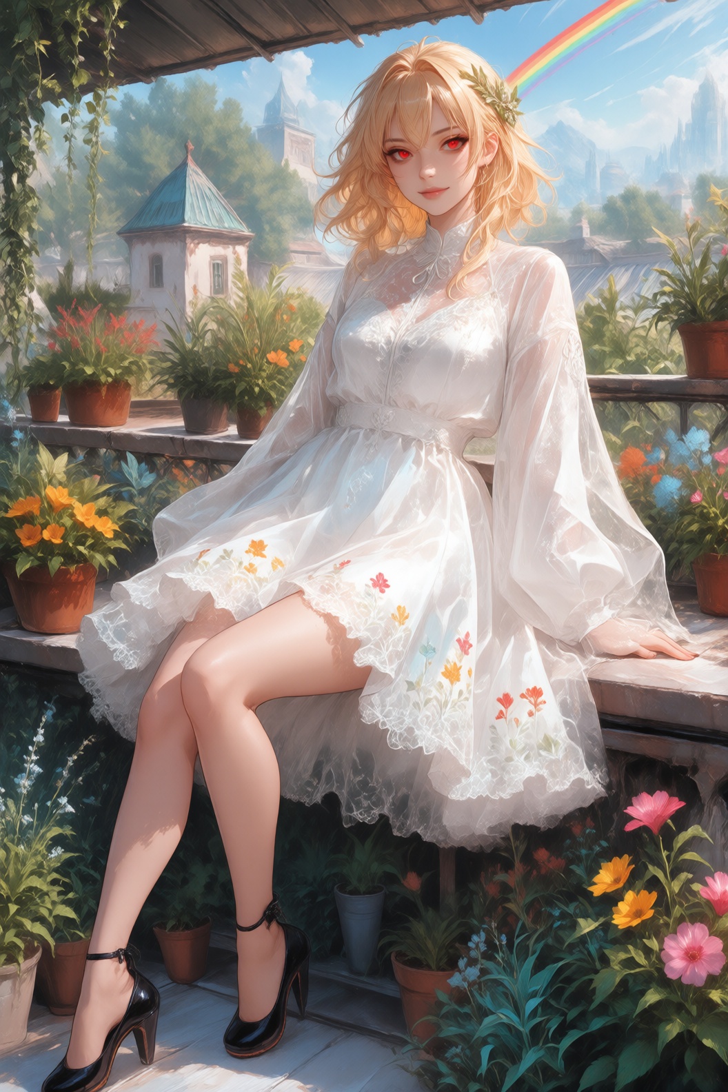 She is dressed in a white outfit adorned with colorful flowers,  adding to her ethereal appearance. The backdrop features...