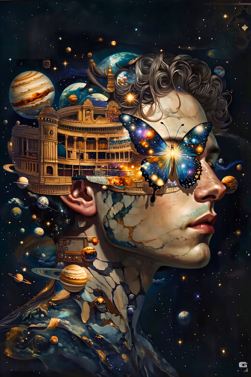 一幅超现实的数字油画,  描绘了一位男性的侧脸,  他的皮肤如大理石般光滑。一只精巧的、由星云和银河图案构成的蝴蝶正停在他的眼睛上 on Tensor.Art