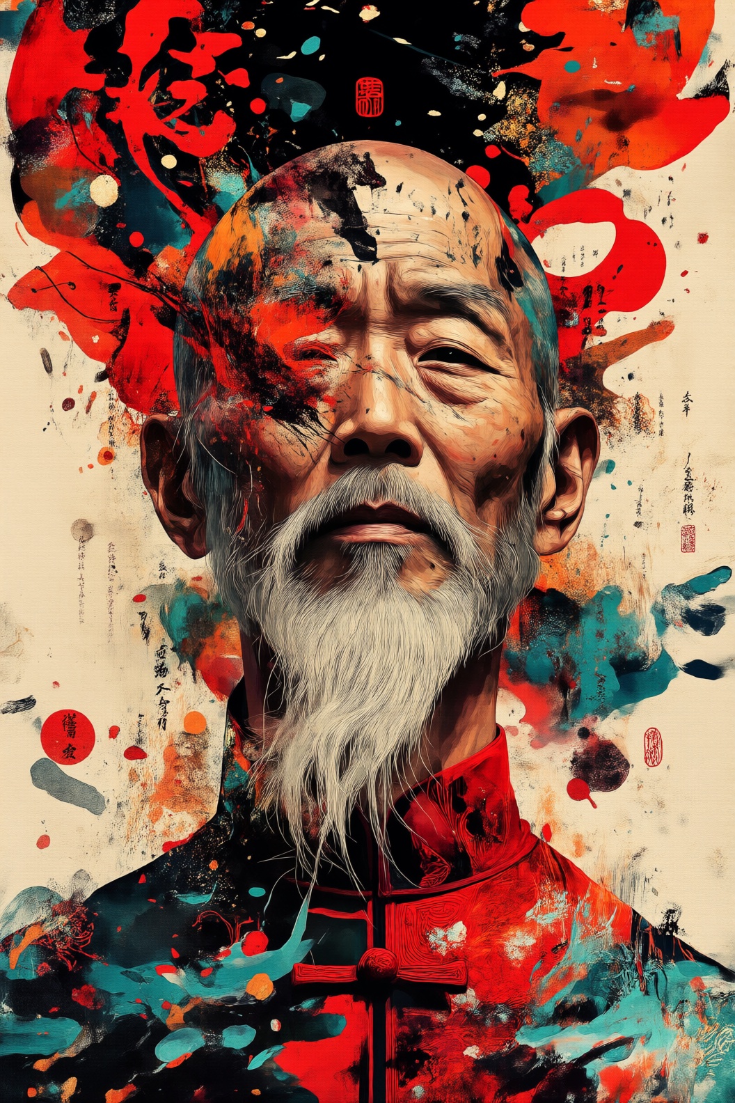 一个中年男子的数字艺术,  有着长长的白胡子和秃顶的头,  穿着传统的中国长袍 on Tensor.Art
