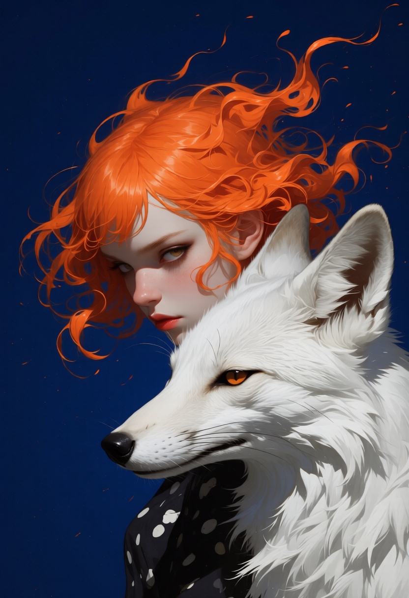 animaport of a woman with fiery orange hair and a sleek white fox,  set against a deep navy blue background,  mysterious a...