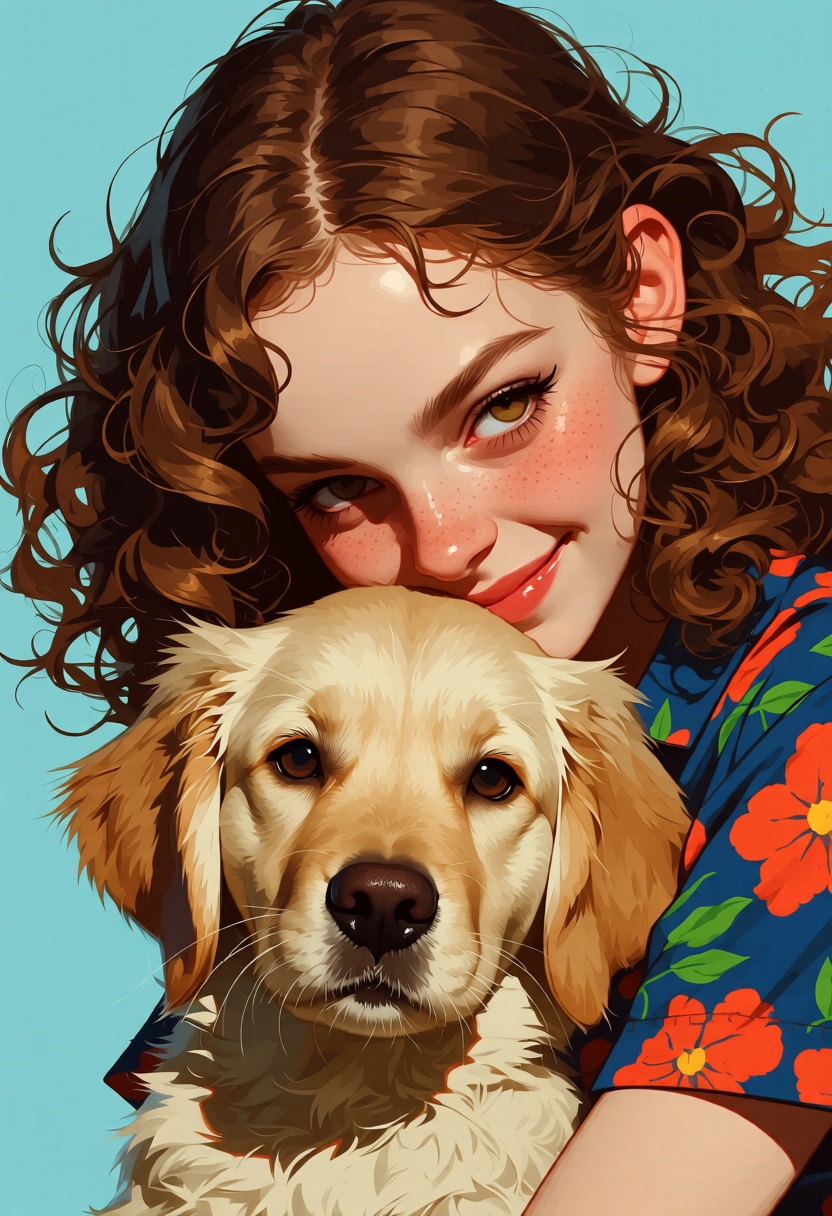 animaport of a woman with curly brown hair and a golden retriever puppy,  against a pale blue background,  vibrant and bri...