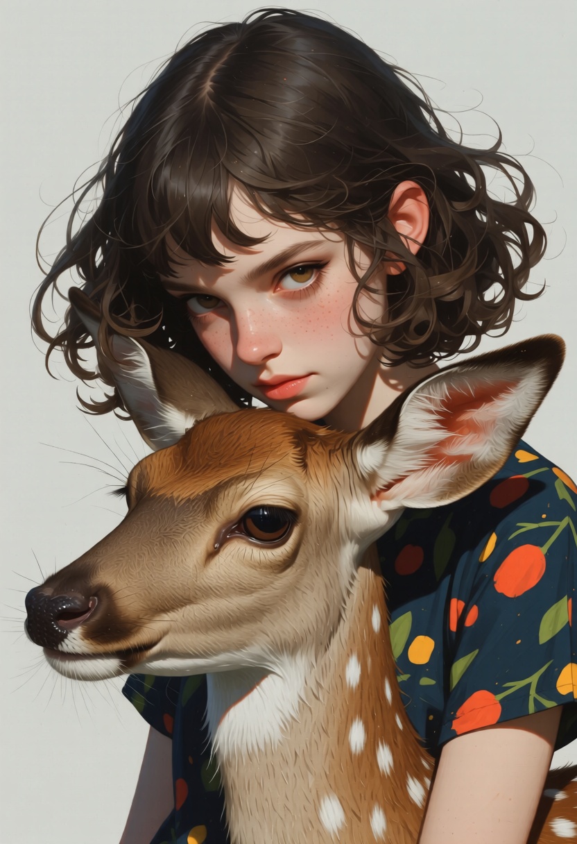 animaportrait of a woman with wavy dark hair and a gentle deer,  set against a light gray background,  peaceful and natura...