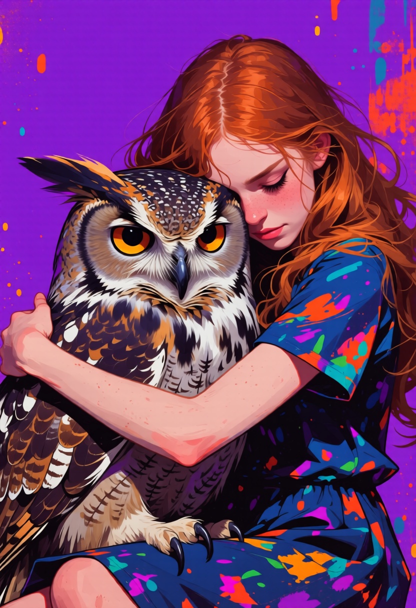animaport of a woman with long auburn hair hugging big owl,  she is sitting against a dusk-inspired violet background,  vi...