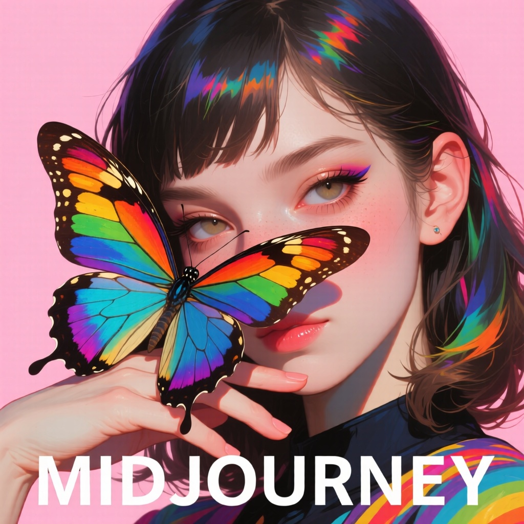 epic text that read "MIDJOURNEY" below her portrait,  animaport of a woman with wavy purple hair and a big rainbow colored...