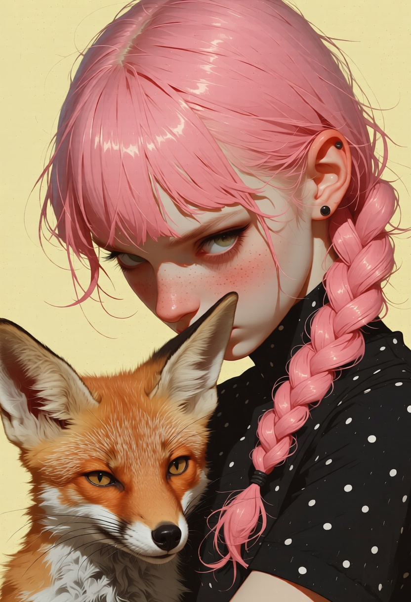 animaport of a woman with braided pink hair and a small fox,  against a light yellow background,  vibrant and bright on Te...