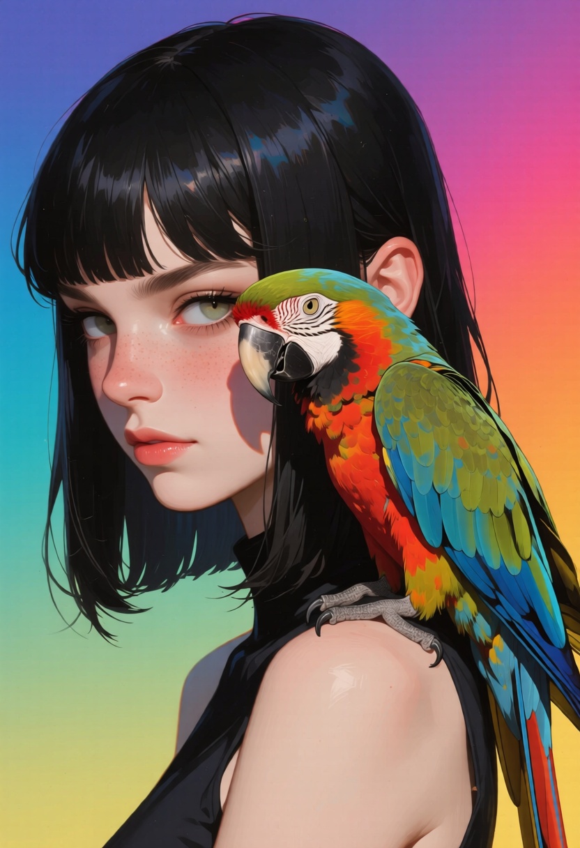 animaport of a woman with sleek black hair and a parrot perched on her shoulder,  against a gradient teal background,  vib...